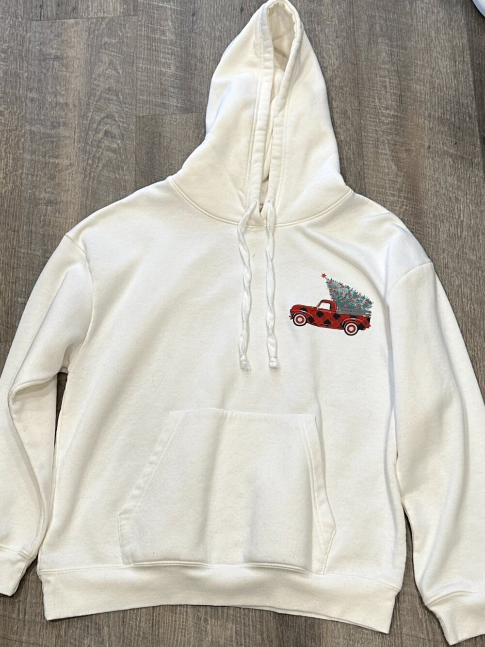 Zoe + Liv Christmas Pullover Drawstring Hoodie Sweatshirt Pocket Ivory Womens XL